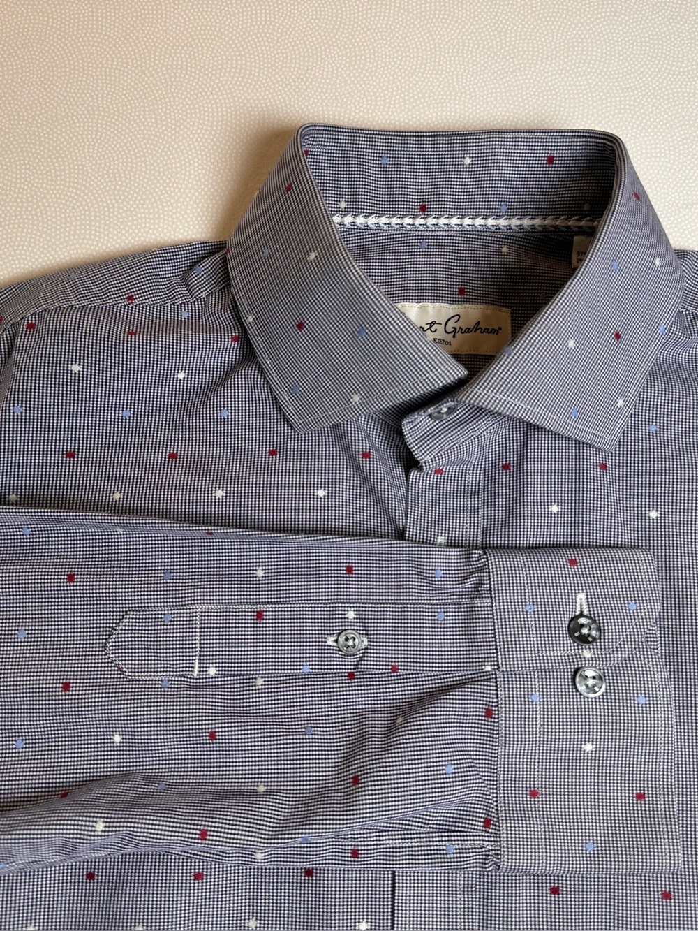 Robert Graham 41/16 Large Red White Blue Micro Check Dot Print Button Shirt Mens